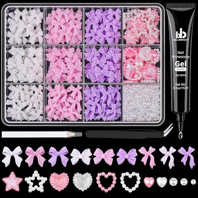 600 Pcs 3D Nail Charms and Flatback Pearls #9, 3 Colors Bow + Pink&White Star Heart Cute Charms + 2-6mm White Pearls for Nail Art Design with Nail Charm Glue(UV Needed) and Pickup Tools