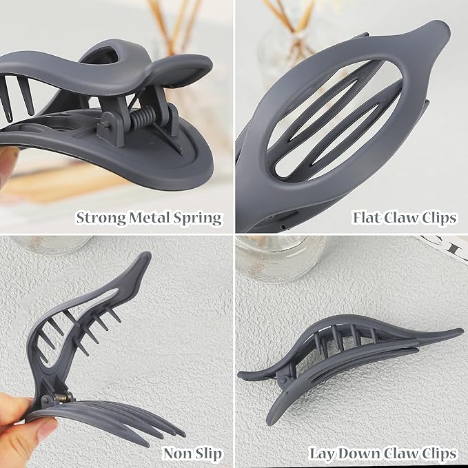 Flat Hair Clip 6 pcs Lay Down Claw Clips Hair Accessories for Women -Grey