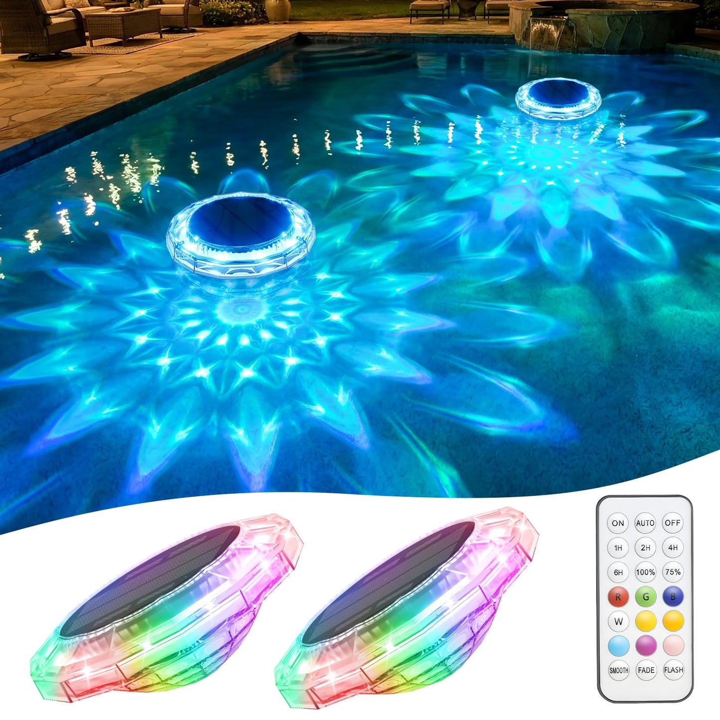 APONUO Solar Pool Lights, IP68 Waterproof Floating Pool Lights with Remote& Button Control, 9 Lighting Colors& 3 Modes Pool Solar Light, Timer&Memory, Floating Light for Pool, Party, Bathtub (2 Pack)