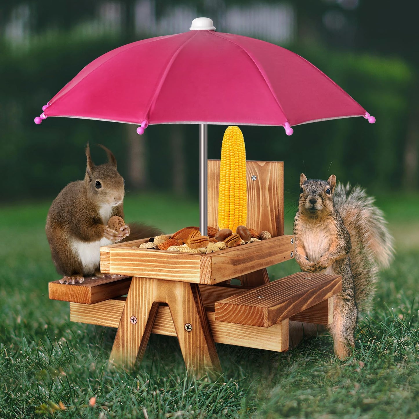 Gnodary Squirrel Feeder with Umbrella, Squirrel Feeders for Outside, Squirrel Picnic Table Feeder - Chipmunk Feeder Hold Corn, Corn Cob, Peanuts (Dark-Pink)