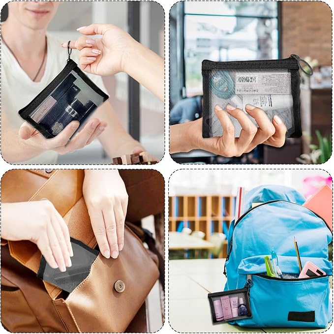 Mini Mesh Pouches (4 Pack), Small Mesh Bags with Zipper Nylon Makeup Pouches Bag Cosmetic Pouch Travel Purse Organizer Insert Diaper Inside Bag Organizers Home Organizing Size See Through Cute Black