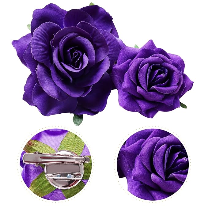 Rose Hair Clip Flower Hairpin Brooch Floral Clips, 4 Pcs Fabric Rose Flowers Hair Clips Mexican Hair Flowers Pin up Headpieces for Woman Girl Wedding Party Mother's Day (Dark Purple)