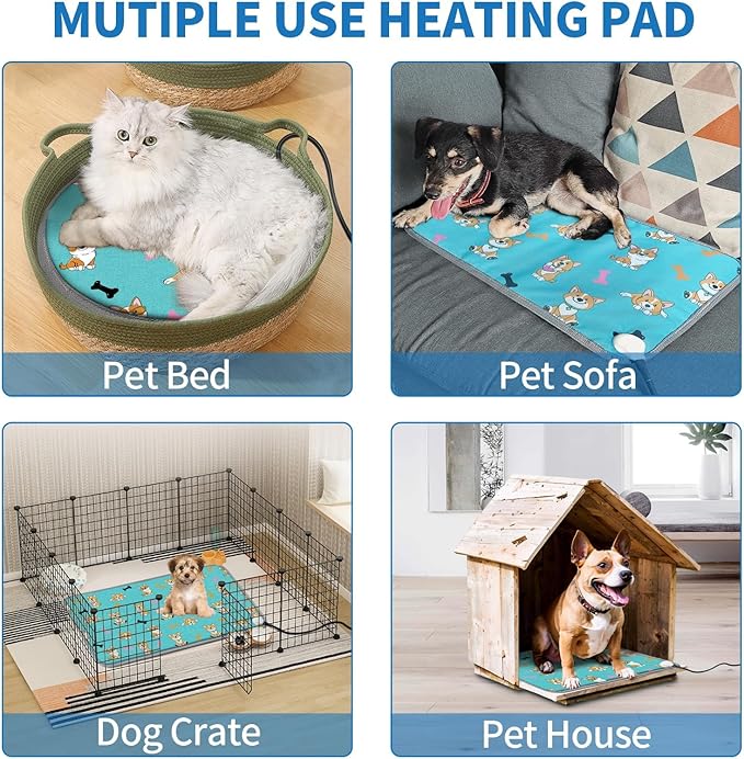 Large Dog Heating Pad 34x21in with Smart Thermostat Switch and Power Line Protection Tube,Obtained MET and UL Dual Certification,Waterproof Pet Pad, Suitable for Dogs of All Ages-Blue