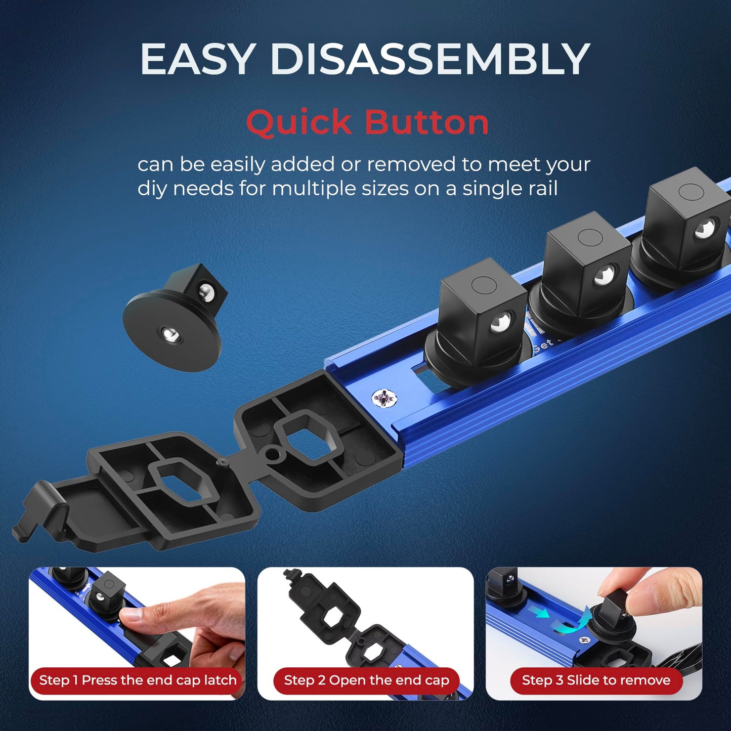 Reniteco Magnetic Socket Organizer Set, 6PC 1/2" 3/8" 1/4" Drive Aluminum Alloy Socket Holder with 80PC 360° Swivel Removable Clips, Magnetic Socket Rail for Tool Box Drawer, Red&Blue
