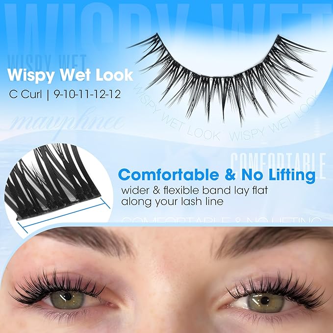 Lash Clusters Wispy Wet Cluster Eyelash Extensions 9-10-11-12MM Mascara Touch Lash Extensions C-Curly Natural Yet Noticeable Cluster Lashes For Clean Baddie Vibe by Mavphnee