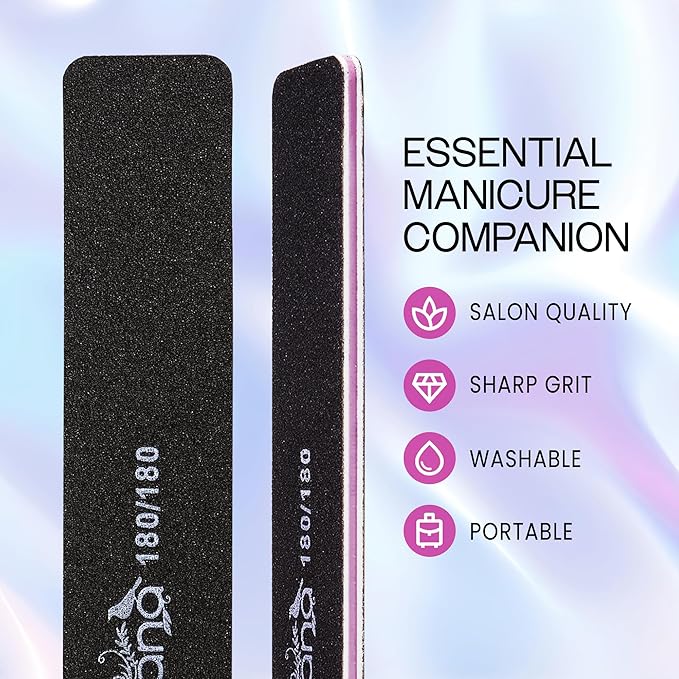 10PCS Jumbo Size PANA Professional Double Sided Nail Files - Black, 180/180 Grit - Emery Board Nail Buffering File Manicure Pedicure Nail Polisher Washable