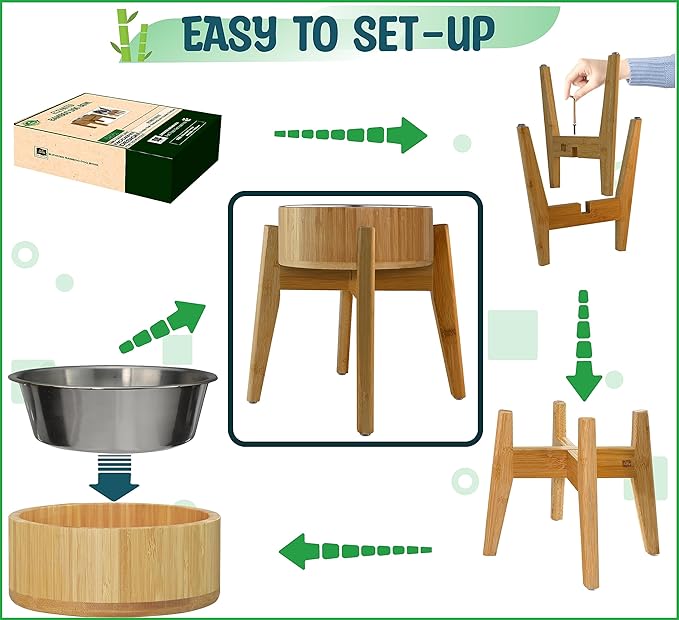 Elevated Dog Bowls for Large Breed - (15-Inch High) Raised Food/Water Bowl with Stand - Bamboo-Steel, Dry/Wet Food Suitable
