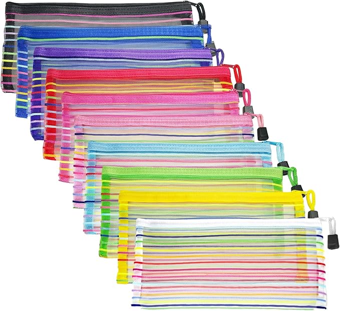 Mesh Bags with Zipper (10 Pack), Small Nylon Makeup Bag Cosmetic Pouches Travel Organizer for Purse Diaper Bag Home Organizing Striped Mix 10 Colors