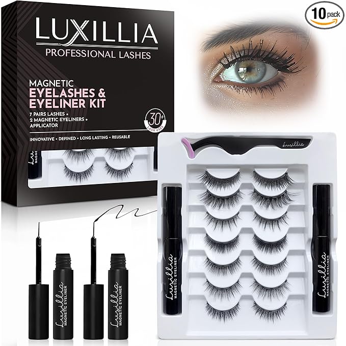 Luxillia 10-Piece Magnetic Eyelashes with Applicator & Magnetic Eyeliner Kit Ã¢ÂÂ Reusable Natural Magnetic Lashes Ã¢ÂÂ Easy Apply Lash Kit for Beginners Ã¢ÂÂ Waterproof, Short & Dramatic Looks