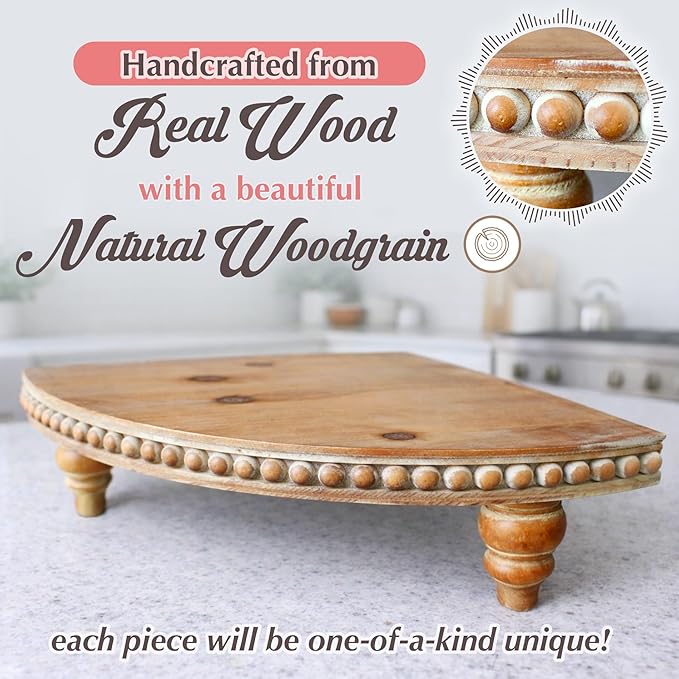 Farmhouse Corner Shelf Stand [with Removable Feet] - Bathroom Countertop Organizer, Decorative Tray Riser, Beaded Wooden Tray, Corner Tray Plant Stand, Coffee Bar Organizer for Kitchen Countertop