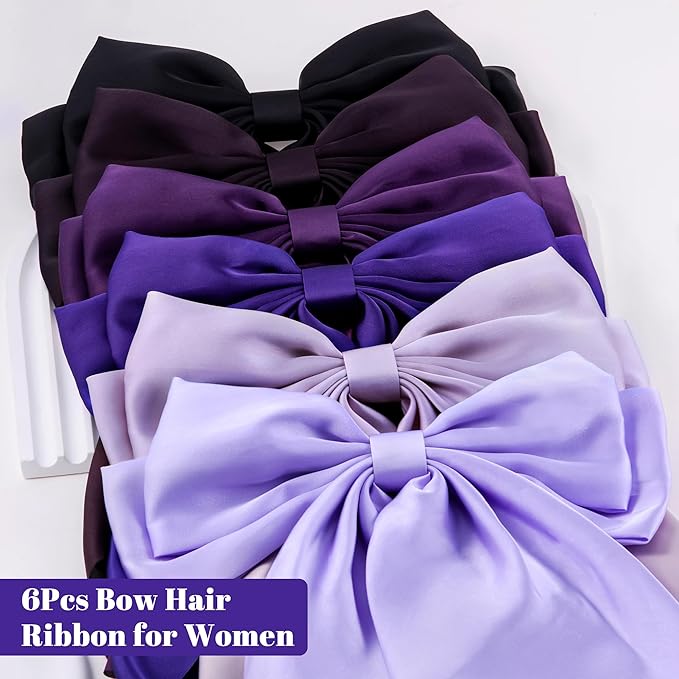 6Pcs Large Bows Hair Clips for Women Girls Long Tail Hair Ribbon Silky Satin Barrettes Coquette Bows Accessories (Black/Purple/Purplered)