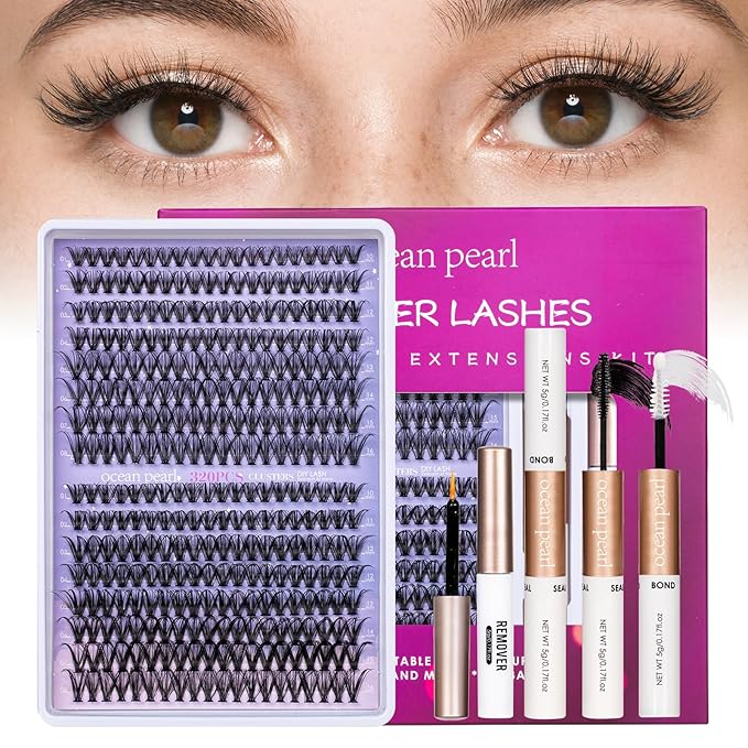 DIY Lash Extension Kit 320 Pcs Lash Clusters Kit Individual Lashes Natural 10-16mm C/D Curl with Bond Seal Tweezers Lash Glue Remover False Eyelashes for Beginner Eyelash Extensions at Home (30D+40D)