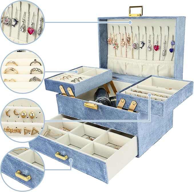 Dajasan Jewelry Organizer Box, Large Jewelry Boxes for Women Girls, Space-Saving 3 Layers Jewelry Storage Case with Drawer, Gift Idea for Christmas, Valentine's Day, Birthday, Mother's Day (Blue)