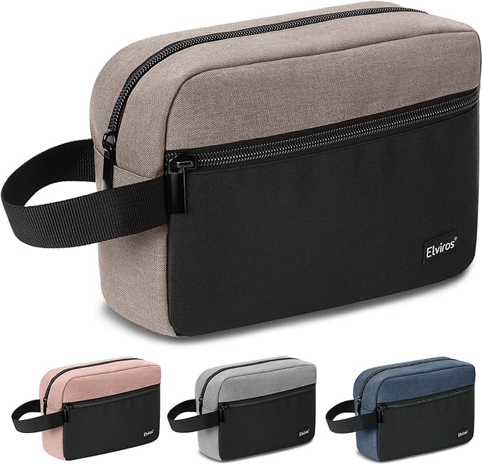 Elviros Travel Toiletry Bag for Men Hanging Toiletries Dopp Kit Small Bathroom Hygiene Tool and Medicine bag for Traveling Essential Shaving Pouch,Gifts for Women(Khaki&Black)