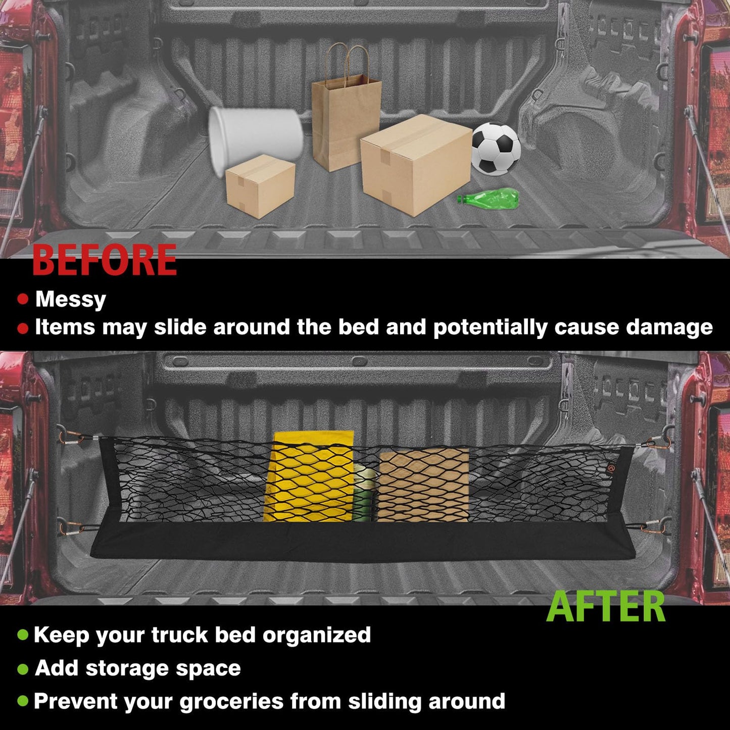 Muslogy Truck Bed Cargo Net Trunk Netting Compatible with Chevrolet Colorado & GMC Canyon 2026 2025 2024 2023 Accessories, Pickup Cargo Organizer SUV Sedan Storage Net w/Heavy Duty Carabiners