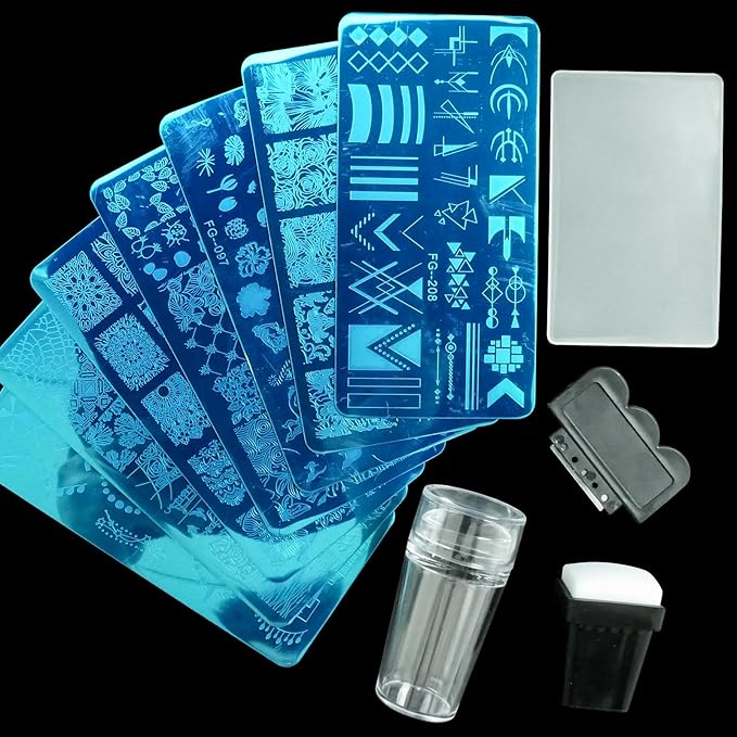 AddFavor Nail Stamper Kit 7pcs Nail Stamping Plates Flower Geometric Mandala Animal Image Nail Stencils with 2 Stamp and 2 Scraper for Home Salon Manicure Design Supplies Tools