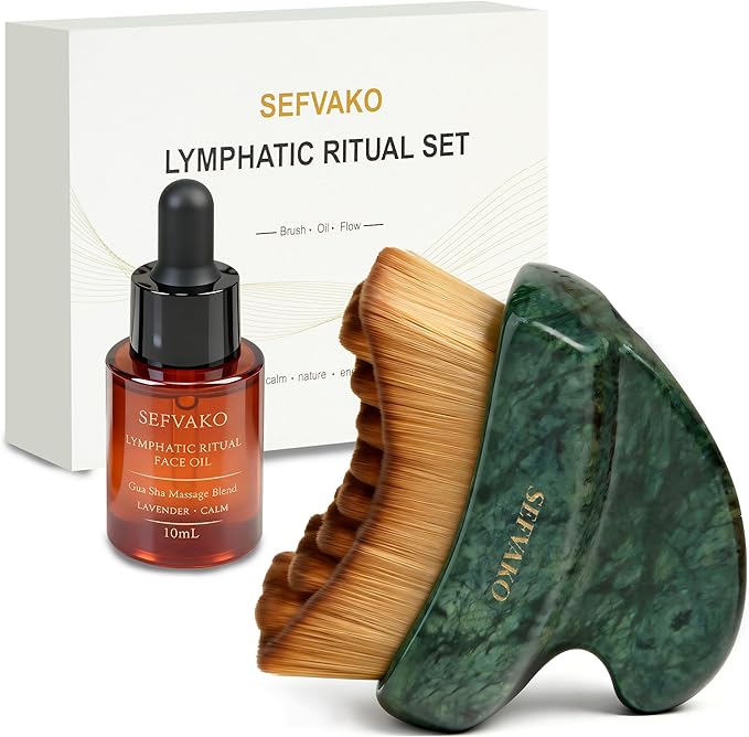 Lymphatic Contour Face Brush Set with Gua Sha Face Oil, Dual-Ended Dry Brush+Jade Gua Sha Edge, 0.075mm Ultra-Soft Bristles Gua Sha Facial Tools, for Lymphatic Drainage, De-Puff, Sculpt, Smooth & Glow