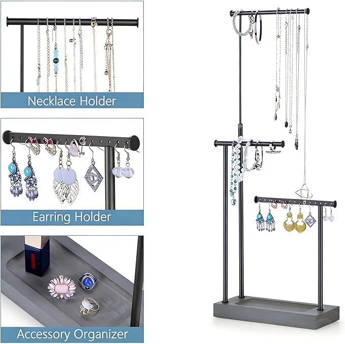 SRIWATANA Jewelry Organizer Display Extra Tall Necklace Holder 3 Tier Jewelry Tree Stand, Gift Idea (Weathered Grey & Black)