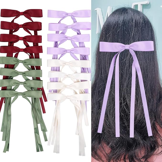 Hair Bows Clips Coquette Ribbon Bowknot with Long Tail Princess Hair Bows French Barrettes Hair Accessories for Women Girls 16PCS (Wine Red, Beige, Green, Purple)