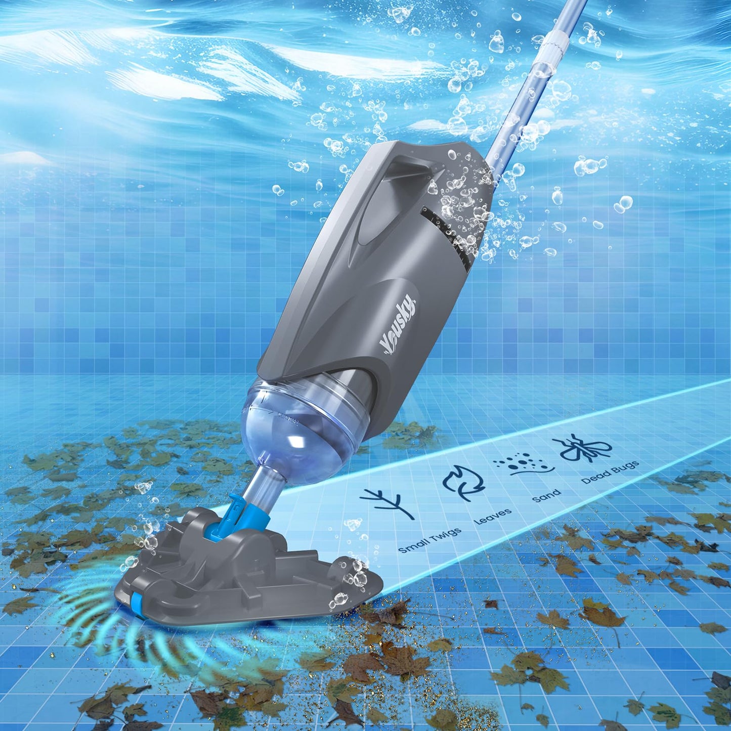 Cordless Pool Vacuum for Above Ground Pool with Telescopic Pole, 18.5 GPM Powerful Suction, Upgraded 60 Mins Runtime, Rechargeable Handheld Pool Cleaner with 2 Brush Heads for Inground Pools