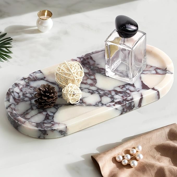 YMXYJM Real Natural Marble Tray for Bathroom, Luxury Calacatta Viola Stone Vanity Tray, Decorative Oval Trays for Countertop Storage Organizer, Dresser, Kitchen, Home Decor, 11.8" x 6", Purple