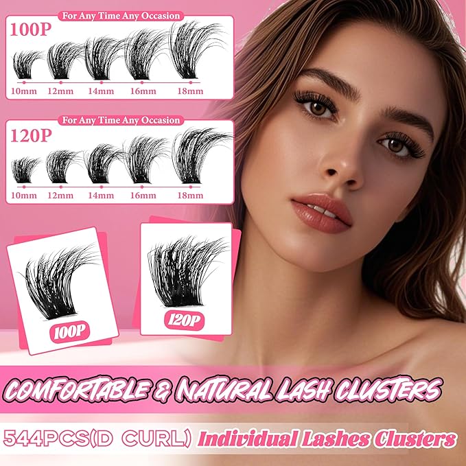 Cluster Eyelash Extensions Wispy Lash Clusters Kit 544Pcs Volume 100D 120D Eyelash Clusters D Curl Lashes Clusters DIY Individual Lashes Clusters Lash Cluster Glue Lash Tweezers