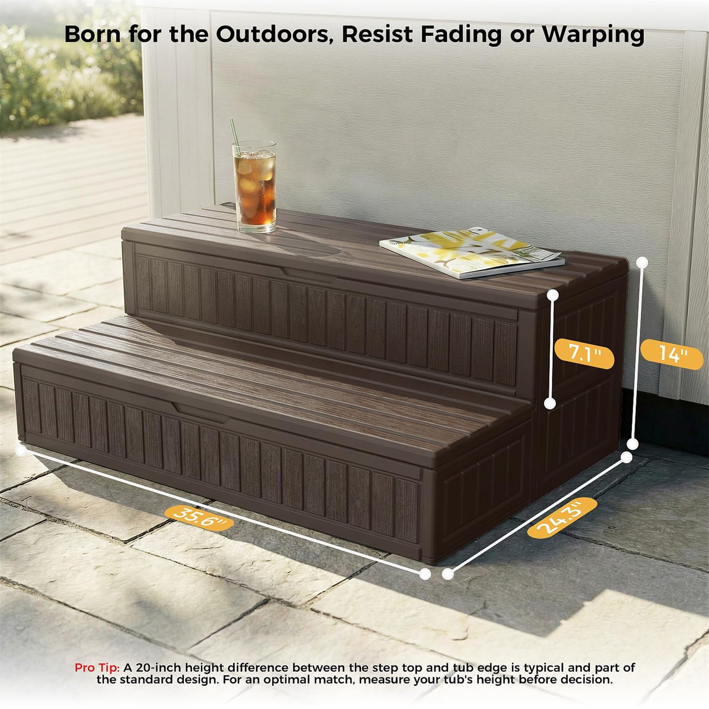 CAMMOO Hot Tub Steps - Double-Decker Large Storage & Snap-Together Assembly, Fully Sealed Spa Steps with Non-Slip Wider Step, Hot Tub Stairs, Outdoor/Indoor, Brown