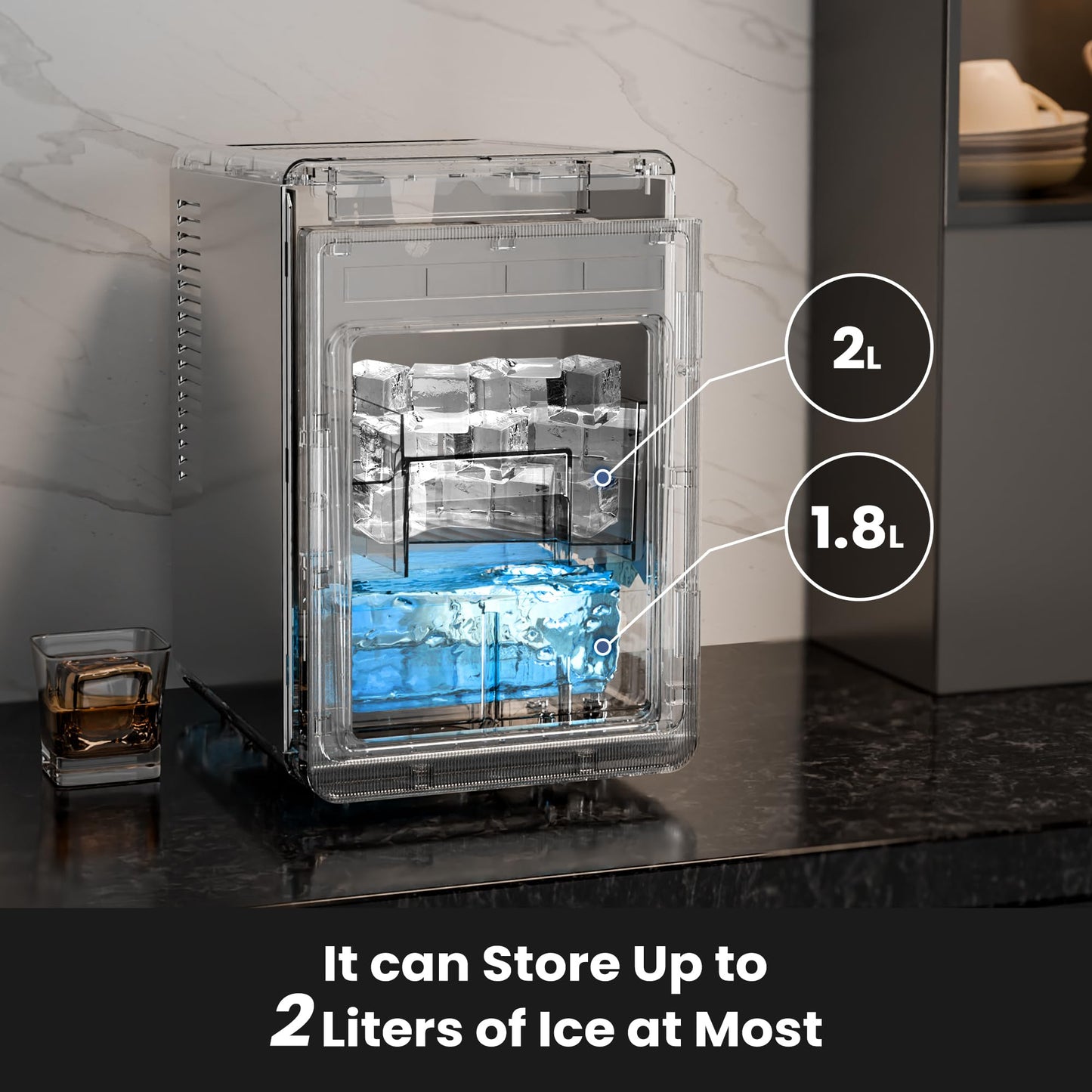 Kismile Ice Makers Countertop, Ice Machine with Handle, 26Lbs/Day, 9 Cubes Ready in 6 Mins, Self-Cleaning Portable Ice Maker, 2 Sizes of Bullet Ice Cubes for Home/Office(Black)