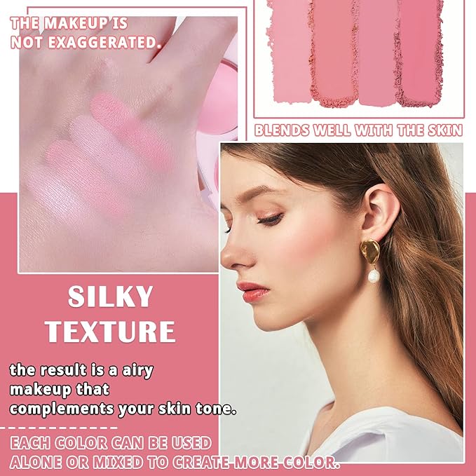 4 Colors Blush Palette for Cheeks,Face Matte Contour Blush Makeup Palette,Buildable Shimmer Facial Cheek Blusher Shades,Blendable Cosmetic Makeup Blush with Blush Brush 01