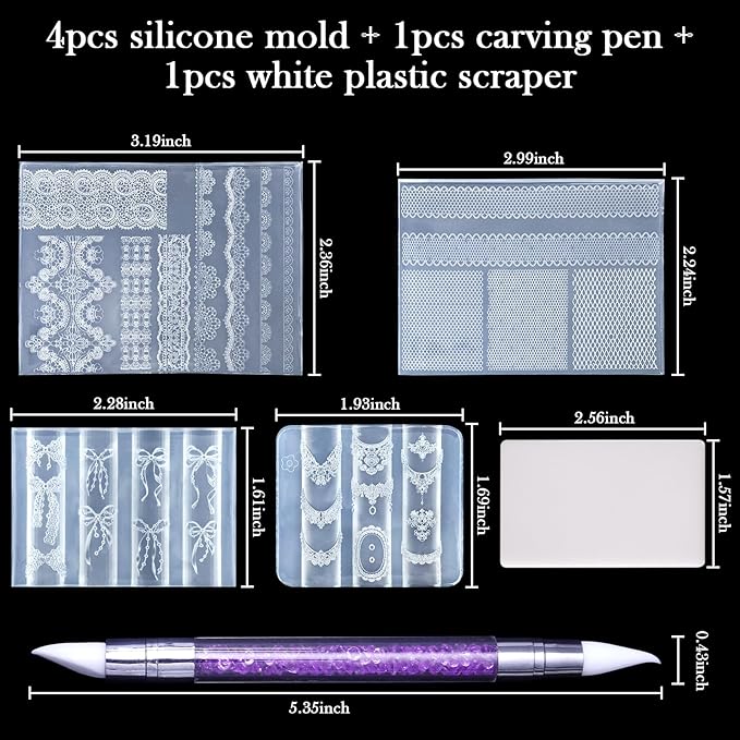 Laza 4pcs Lace Silicone Nail Art Molds, 3D Multiple Shapes Classical Lace Charms Silicone Nail Accessories with Carving Pen Resin Nail Art Mold Manicure Tools for Women DIY Y2k Decoration