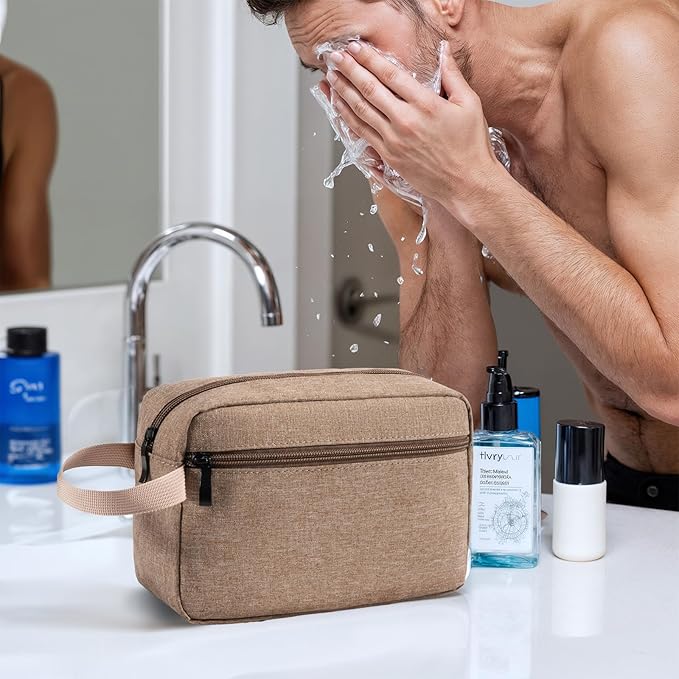 Travel Hanging Toiletry Bag with Carry Handle - Water-Resistant Small Cosmetic Organizer for Men & Women, Makeup, Shaving Kit, Gym & Travel Essentials (Camel)