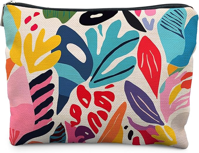 Abstract Colorful Floral Makeup Bag, Trendy Maximalist Funky Tropical Flower Cosmetic Bags for Women, Eclectic Botanical Zipper Makeup Pouch
