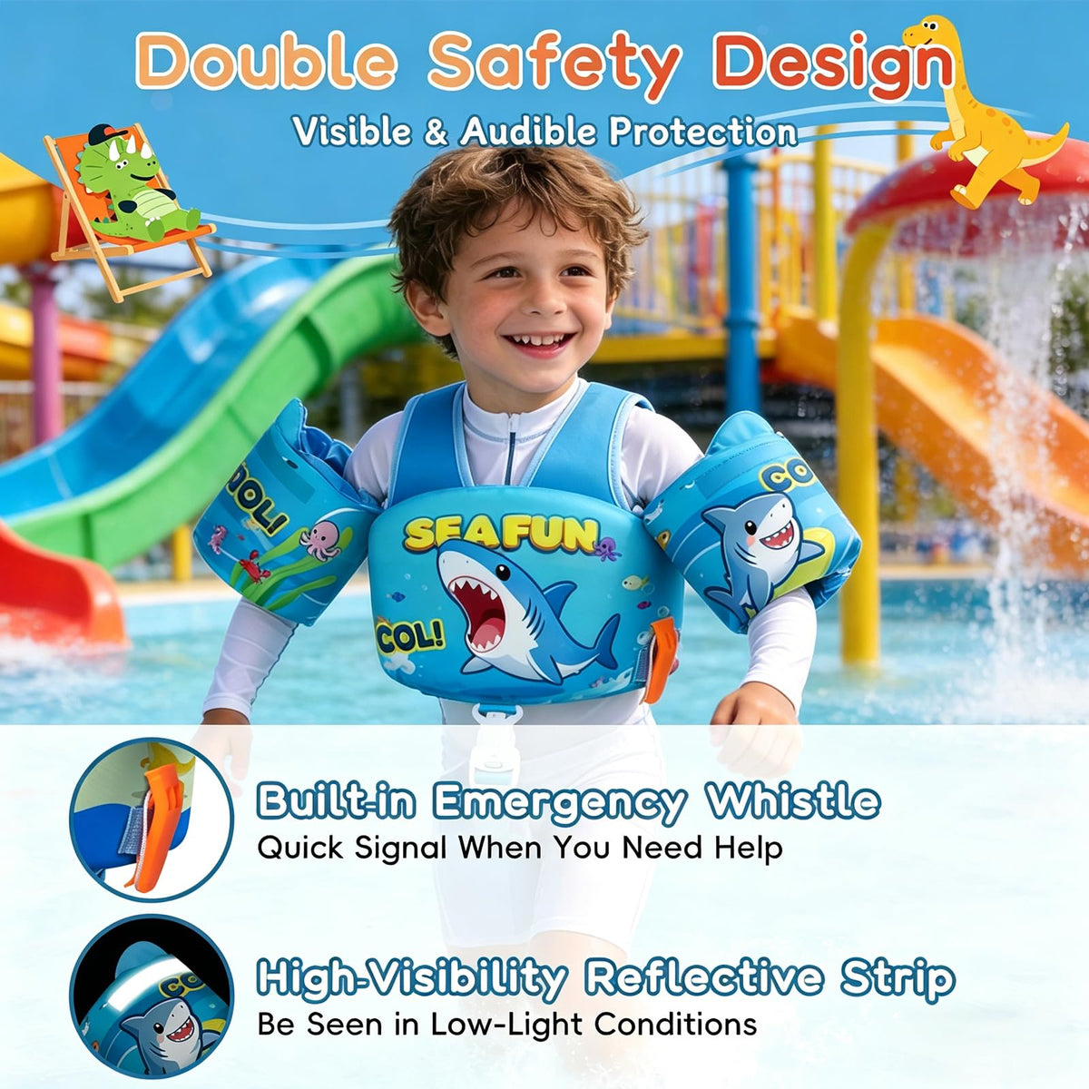 ReePlan Toddler Swim Vest for Kids 13-30-50-66 Lbs, Adjustable Swim Training Vest with Arm Floaties Reflective Strips Shoulder Straps & Secure Crotch Strap, with Whistle, Ages 1-2-3-4-5-6 Pool & Beach