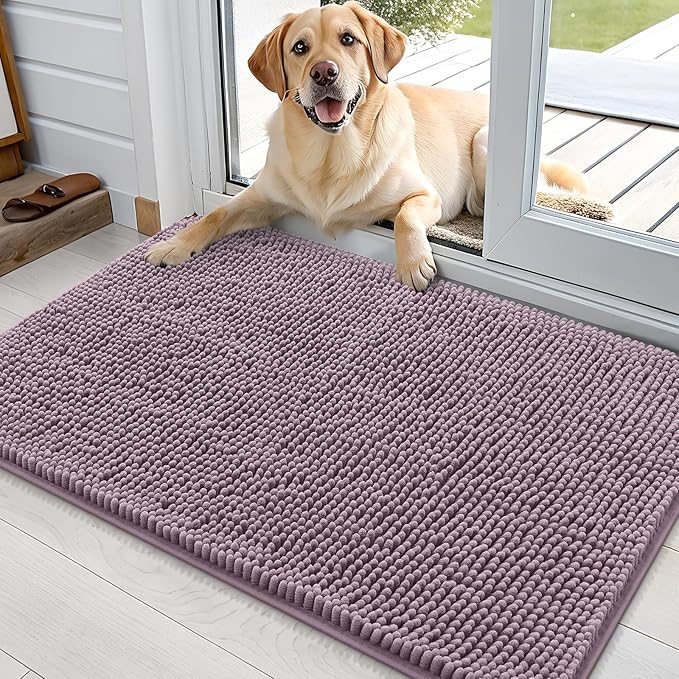 OLANLY Dog Door Mat for Muddy Paws 35x24, Absorbs Moisture and Dirt, Absorbent Non-Slip Washable Doormat, Quick Dry Chenille Mud Mat for Dogs, Entry Indoor Entryway Carpet for Inside Floor, Deep Plum