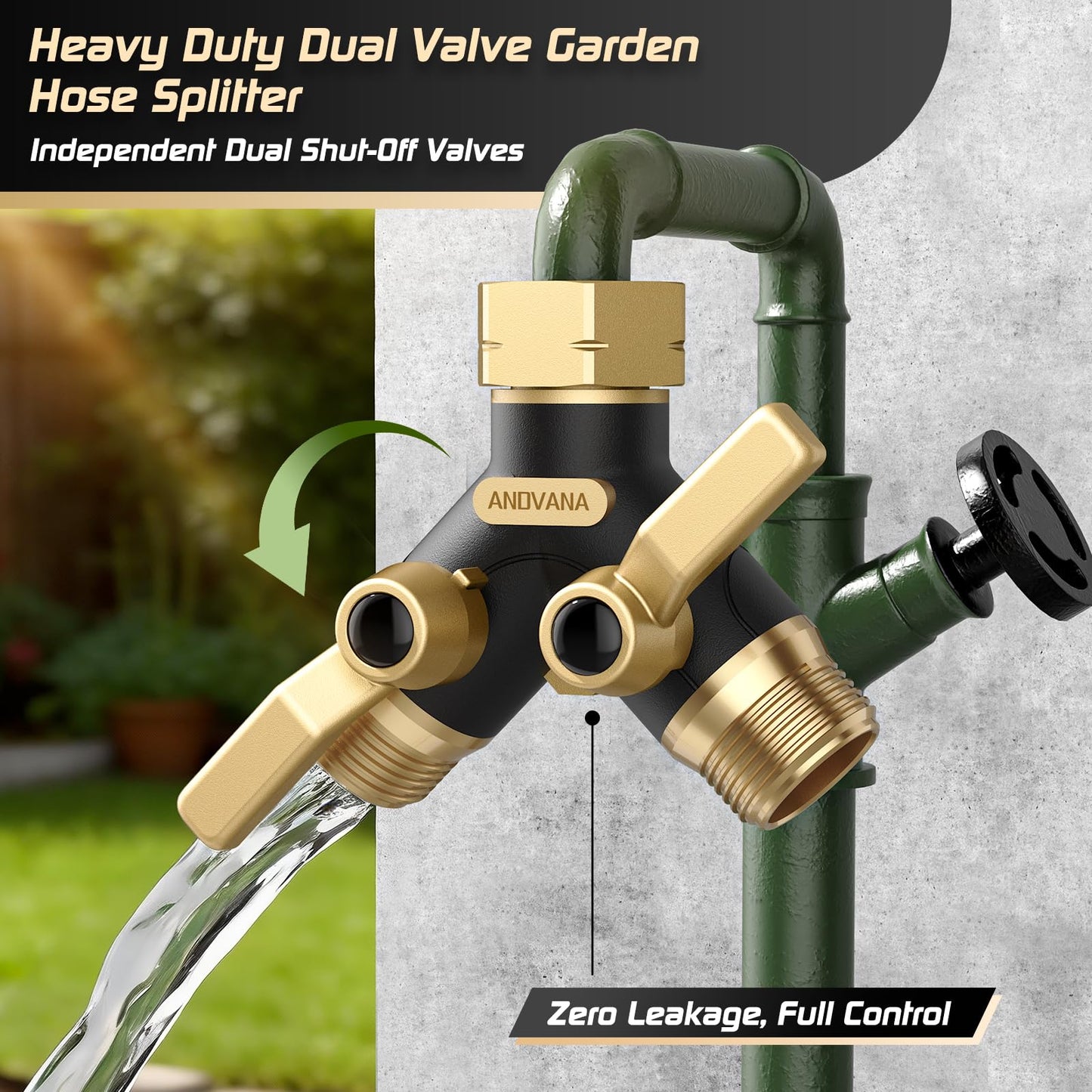 Hose Splitter 2 Way Heavy Duty, Garden Hose Splitter- Full Metal Body Y Type with Dual Shut Off Valves, 3/4" Standard Threads, Leak-Proof Dual Outlet Splitter for Sprinklers and Irrigation Systems