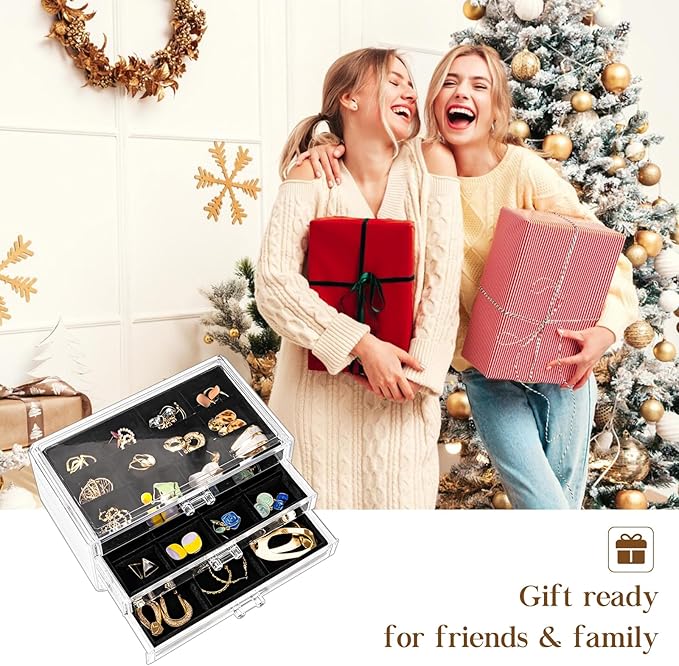 ProCase Earring Holder Organizer Jewelry Box with 3 Drawers, Acrylic Clear Earring Case with Adjustable Velvet Trays for Women - Black, 3 Layers