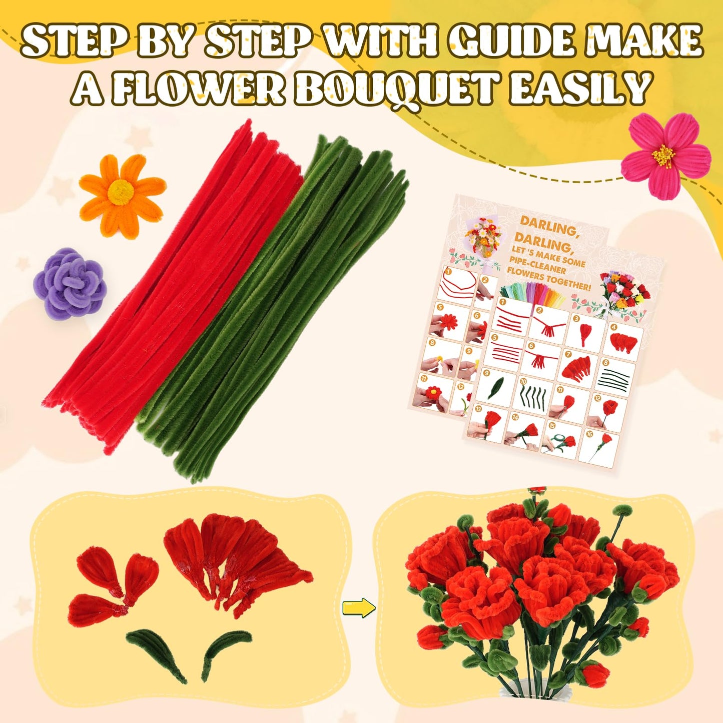 1000PCS Pipe Cleaners Flower Kit, Pipe Cleaner Bulk Craft Flower Making Kit with Instruction, 8 Colors Thick Chenille Stems for Arts DIY Craft Supplies with Greeting Card, Floral Wires, Tape, Stamen
