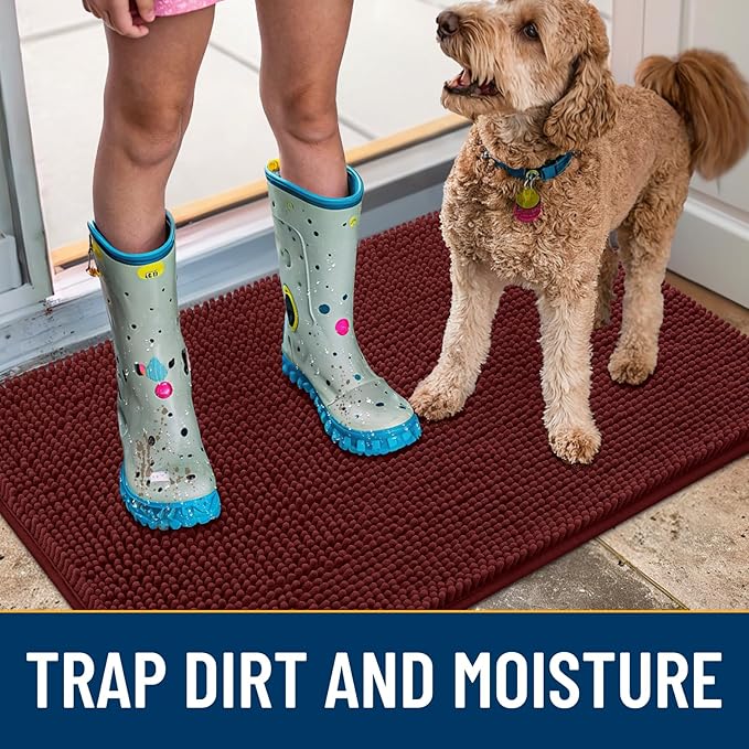 Smiry Dog Door Mat for Muddy Paws 30x20, Absorbs Moisture and Dirt Doormat, Non-Slip Washable Quick Dry Chenille Front Door Mat Indoor Entrance, Entryway Carpet for Inside Floor, Caramel Russet