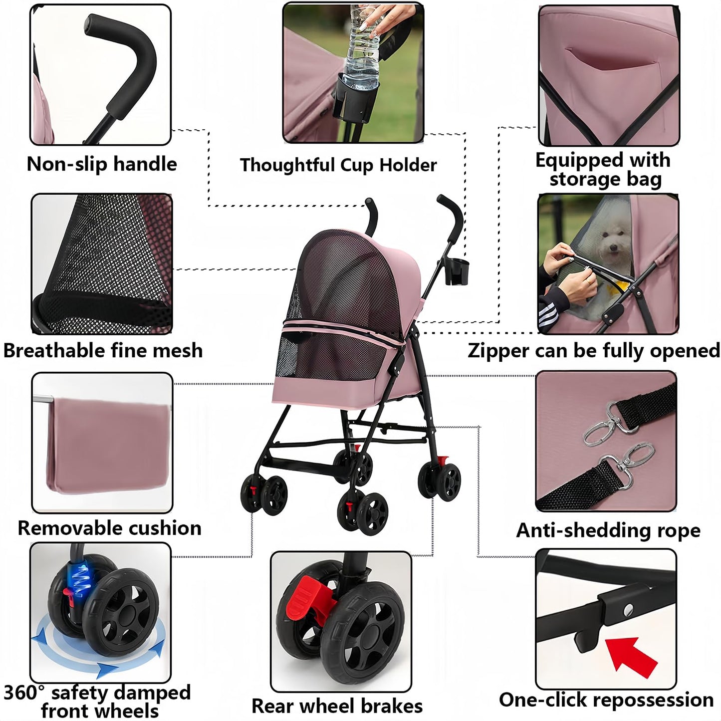 Pet Stroller for Small Dogs and Cats,CYUmail 4 Wheels Foldable Dog Stroller,Puppy Carrier for Small Dogs 0-15 lbs w/Cup Holder,Breathable Visible Mesh,Pink