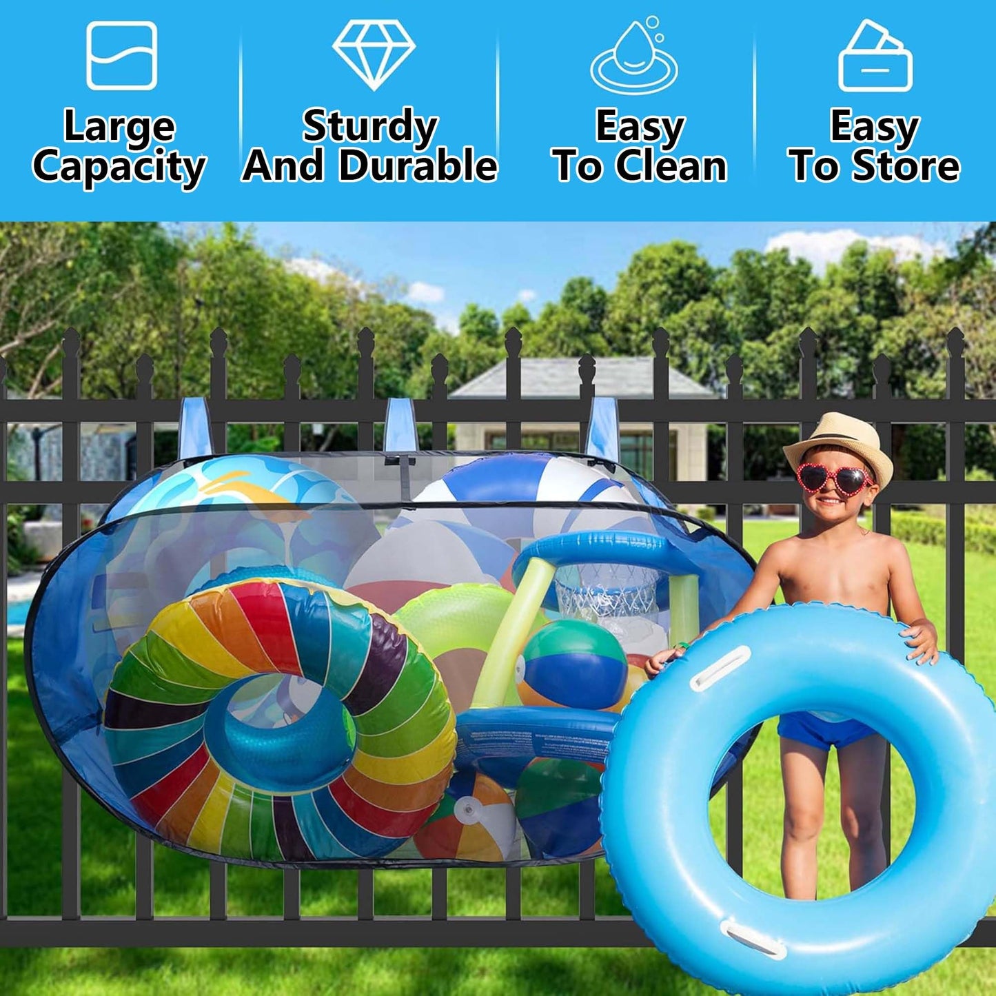 Adnee 60 x 30 x 24 Inches Pop-Up Pool Float Storage Bag,Hanging Mesh Pool Organizer for Fence Pool Side,Foldable Pool Toy Storage Mesh Basket for Floats,Balls,Inflatable Toys and Pool Accessories