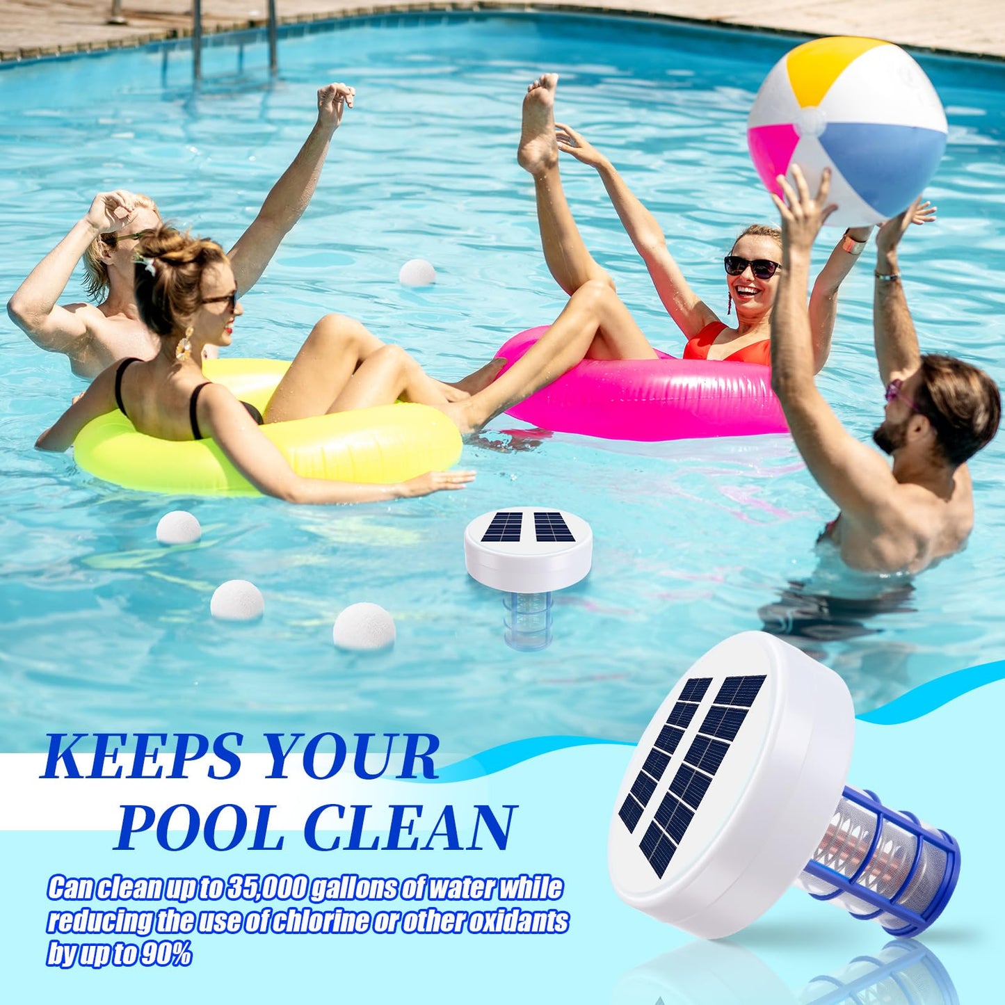 Qualirey Solar Pool Ionizer, Automatic Floating Copper Ionizer to Less Chlorine, Pool Water Purifier with LED Light & Scum Eliminating Balls, for Above Ground & Inground Pools up to 35, 000 Gallons