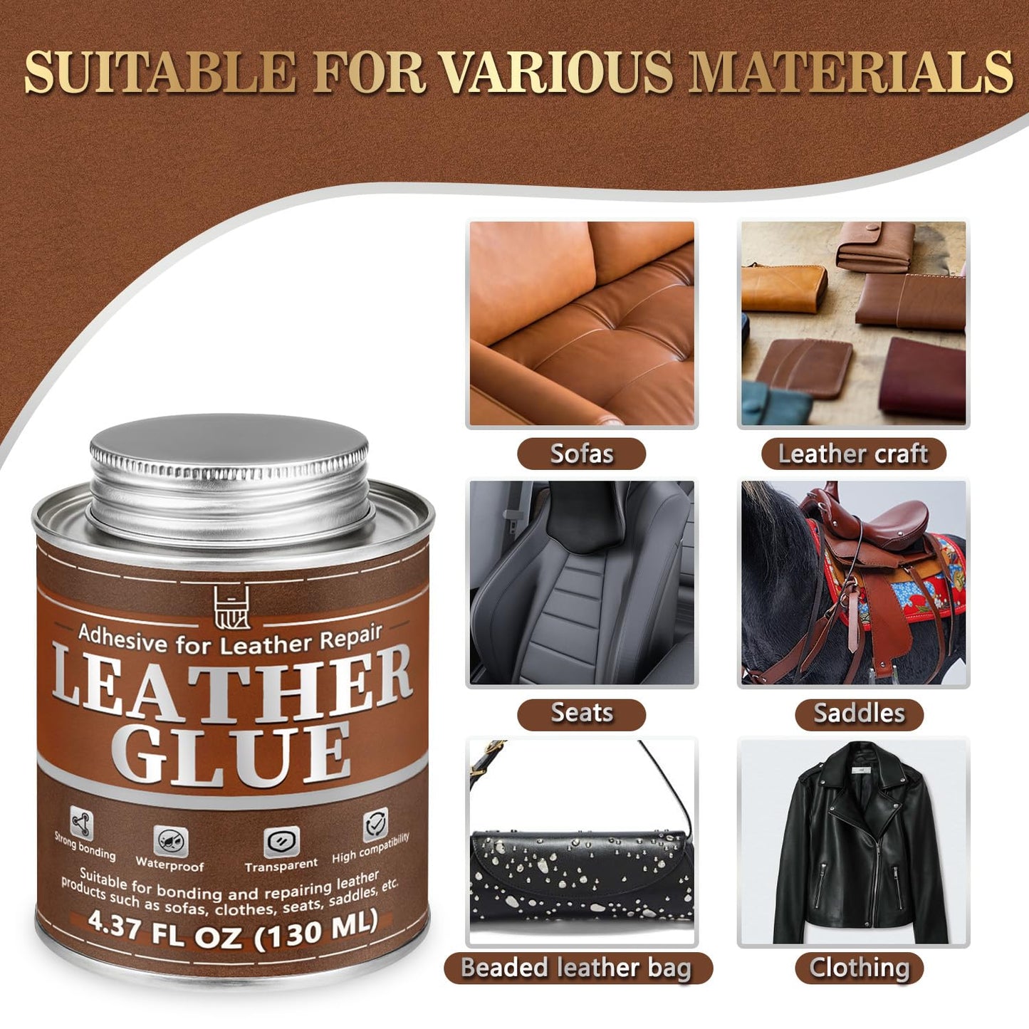 Leather Glue, 130ml Waterproof High Strength Adhesive, Clear Flexible Repair Cement for Bonding Between Sofas, Car Seats, Saddles, Crafting, DIY Projects