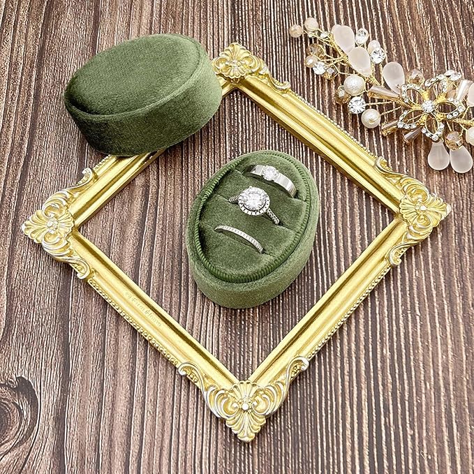Velvet Oval Ring Box 3 Slots - Premium Wedding Three Rings Box Vintage Handmade Storage Jewelry Organizer for Proposal, Engagement, Wedding Ceremony, Christmas (Olive Green)