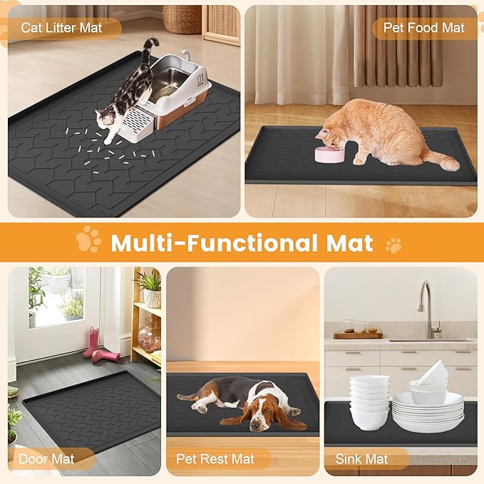 Cat Litter Mat, Extra Large 40"x28" Silicone Mat for Litter Box, Waterproof & Non-Slip Rubber Mat with Lip, Litter Trapping & Scatter Control, Soft on Cat Paws, Urine-Proof Floor Protector