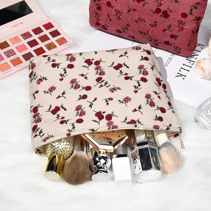 SOIDRAM 2 Pieces Rose Makeup Bag Large Corduroy Cosmetic Bag Capacity Canvas Travel Toiletry Bag Organizer Cute Makeup Brushes Aesthetic Accessories Storage Bag for Women, Rose L White Pink