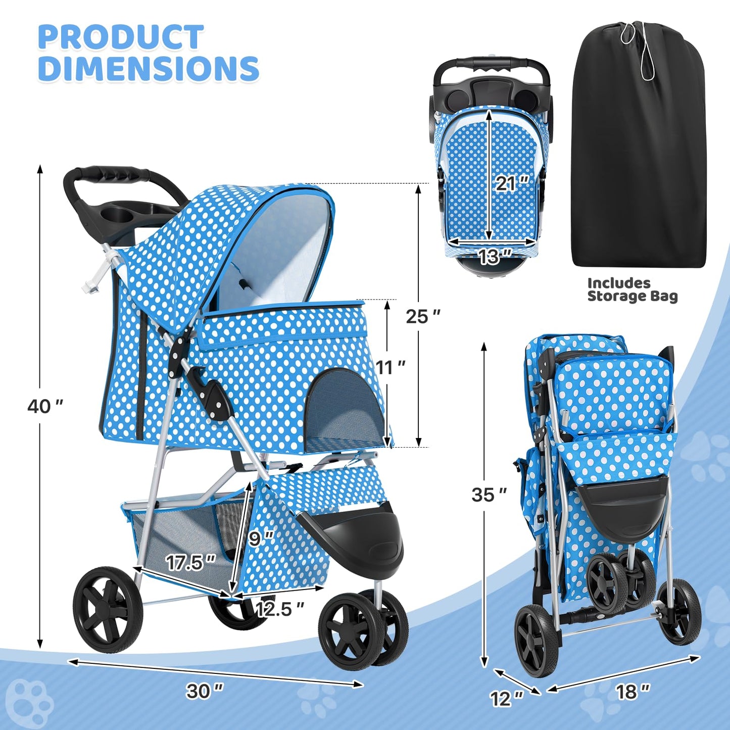 Magshion 3-Wheel Pet Stroller, Foldable Travel Jogger for Small & Medium Dogs & Cats (Up to 33lbs), Lightweight Carrier with Breathable Mesh Cover, Cup Holder & Storage Basket, Sky Blue Polka Dots