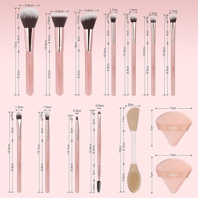 Pink Makeup Brushes Set 14 Pcs Professional, Synthetic Foundation Concealer Powder Blush Eyeshadow Brushes with 2 Powder Puffs & Dual-ended Mask Applicator, Gifts for Women Teen Girls