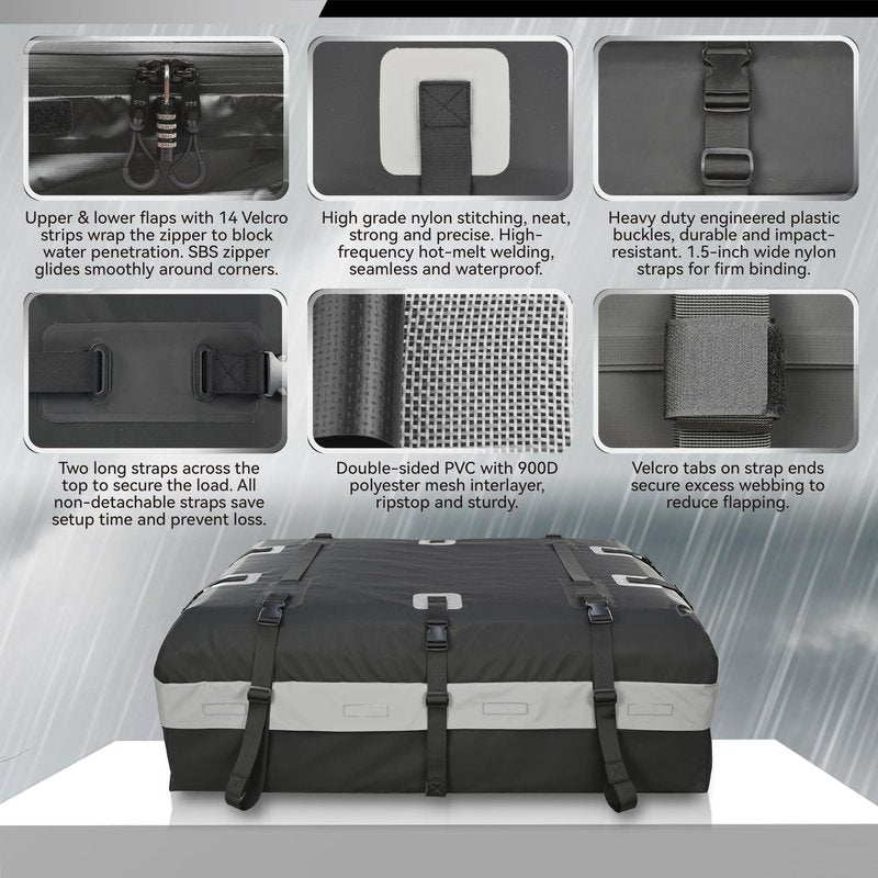 MARCHWAY Waterproof Car Roof Luggage Bag, Weatherproof Soft Shell Rooftop Cargo Carrier Bag for Vehicles with or Without Rack. 6 Door Hooks, Anti Slip Mat, Lock Included (15 Cubic Feet, Black)