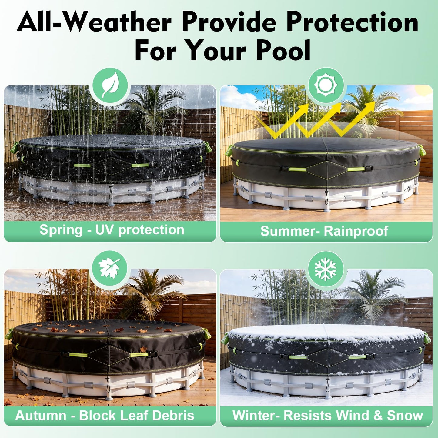 10Ft Round Pool Cover for Above Ground Pools, Safety Solar Pool Covers with Reflective Strips, Rope and Luminous Nails, Upgraded Thicker Oxford, PU Tarp Snug, UV Protected, Windproof, Tear Resistant
