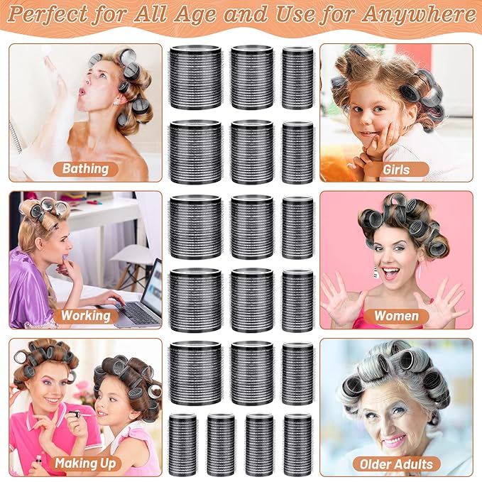 Hair Curler Rollers for Women 24PCS Heatless Hair Roller with 12PCS Clips, 4 Sizes（Jumbo Large Medium Small）Self Grip Holding Hair Rollers for Long Medium Short Thick Fine Volume Thin Bangs Hair